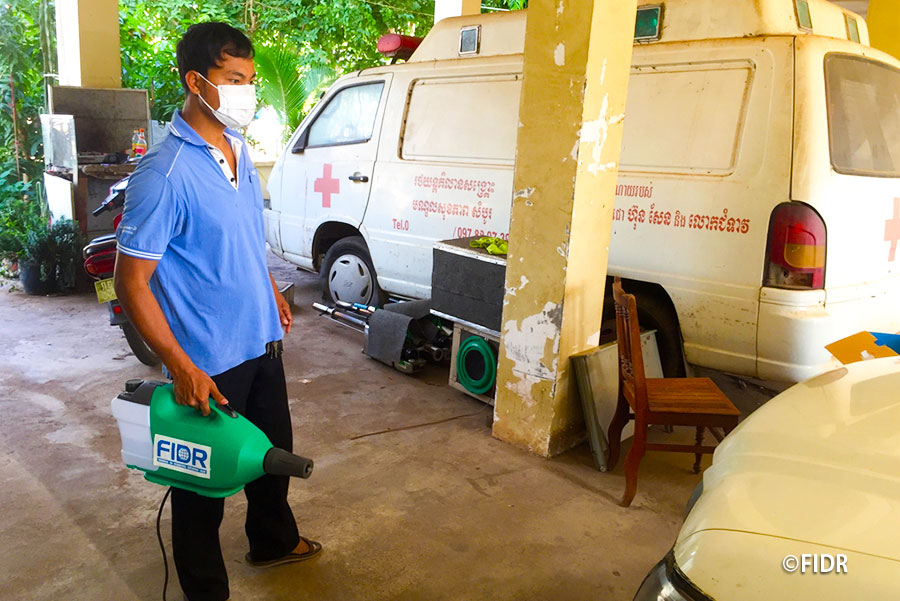 The heath staff was disinfecting the buildings and facilities of Kratie Provincial Health Department using the donated foggy machine